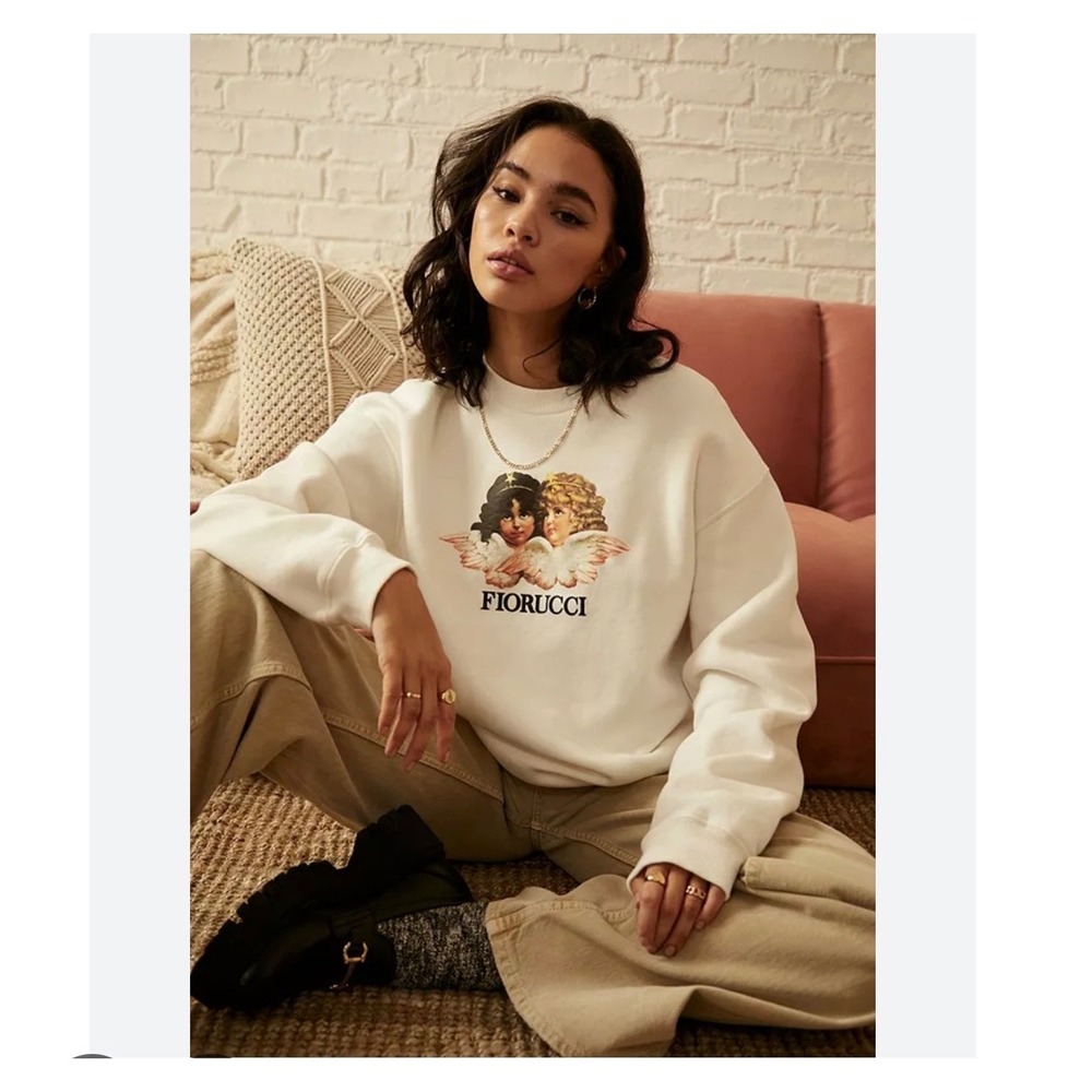 Fiorucci Angels Graphic Sweatshirt Cream White Crewneck Pullover Oversized Small - Picture 2 of 9